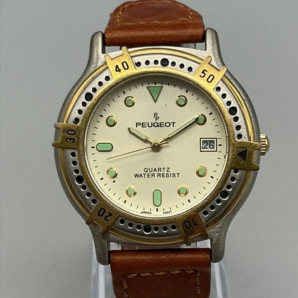 Peugeot Water Resist Mens Watch 37mm Champagne Dial Brown Leather New Battery